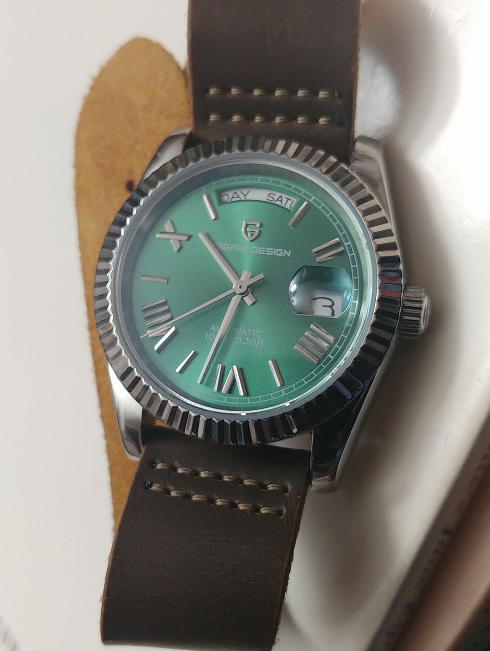 PAGANI DESIGN Men's Automatic Green Dial Leather Strap Watch